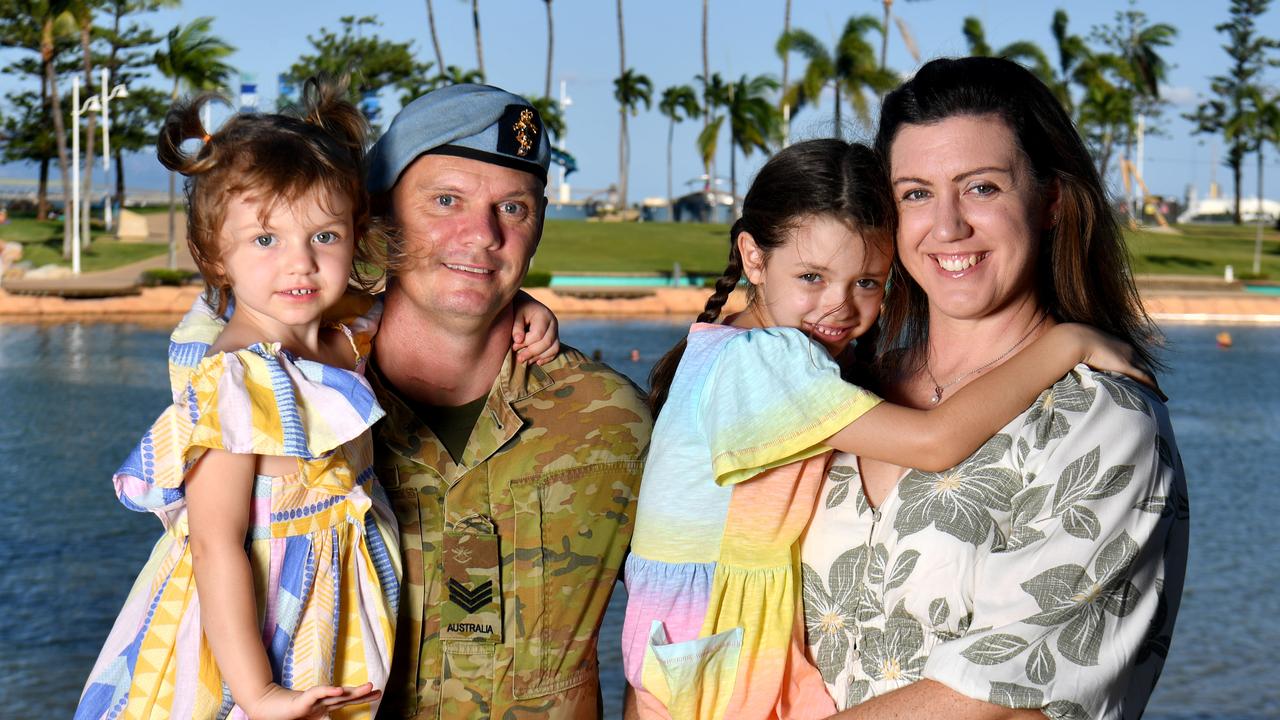 Sergeant Leigh Sparks, with his wife Laura and two daughters at the Rock Pool (no name for children given) from 1st Aviation Regiment, is one of the first soldiers from his unit to relocate from Darwin to Townsville. Picture: Evan Morgan