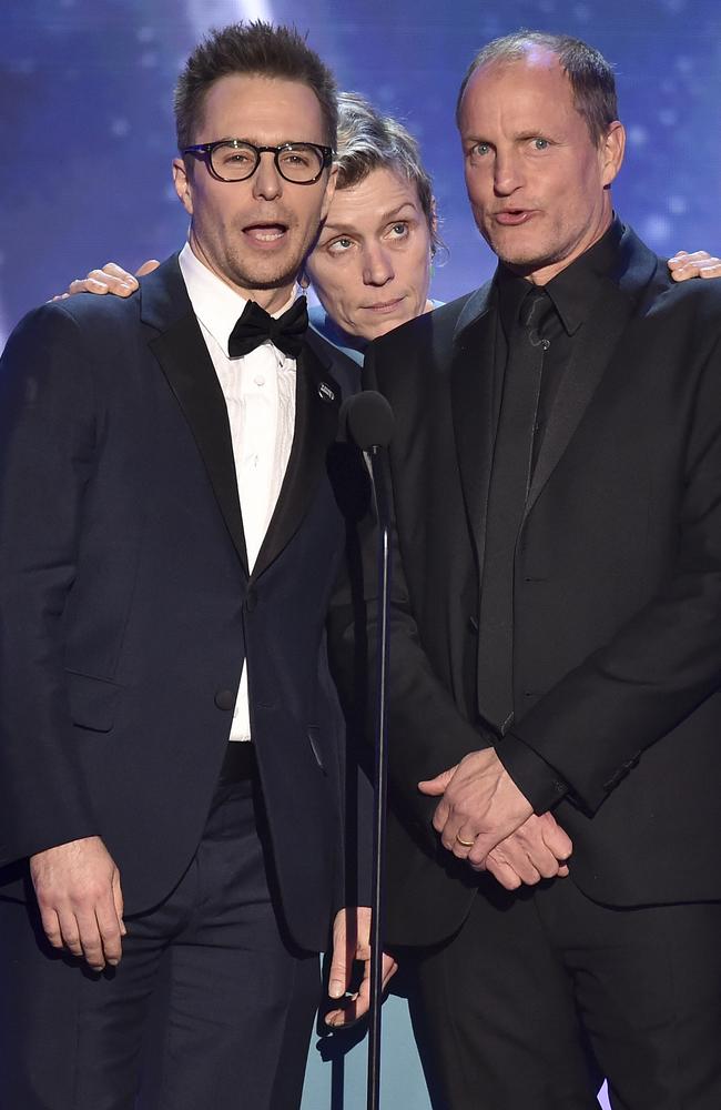 Sam Rockwell, Frances McDormand and Woody Harrelson, nominees for outstanding performance by a cast in a motion picture for “Three Billboards Outside Ebbing, Missouri,” introduce a clip from their film at the 24th annual Screen Actors Guild Awards. Picture: AP
