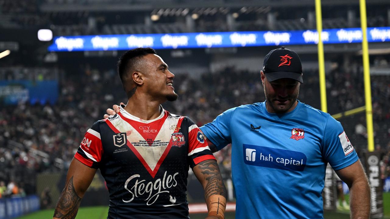 Leniu was still getting feisty off the field. Picture: NRL Photos