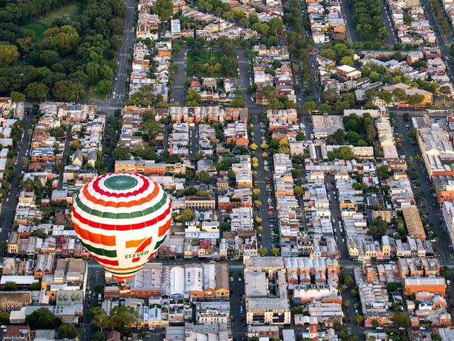 Hot air balloon flight, Global ballooning, aerial  photography Melbourne - CBD MELBOURNE Moet Chandon cork balloon Picture: Sarah Matray