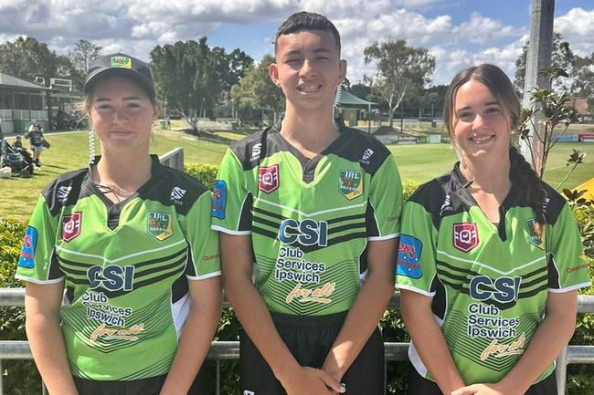 2023 Under 13 grand final referee Tyreece Ramsamy and tough judges Jazmyn and Tamika Brennan-Rowe pictured at the North Ipswich Reserve after officiating the grand final.