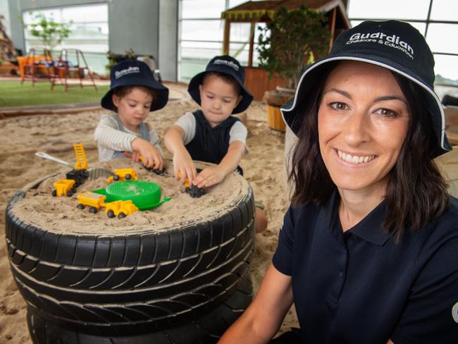 Rachel Barlow staff member at Maidstone childcare centre. Story is about childcare staff shortages. Rachel is a new breed of childcare worker the industry is trying to recruit - she was a retail manager who moved recently to childcare. Rachel with Willow (5) and Oliver (5). Picture: Tony Gough