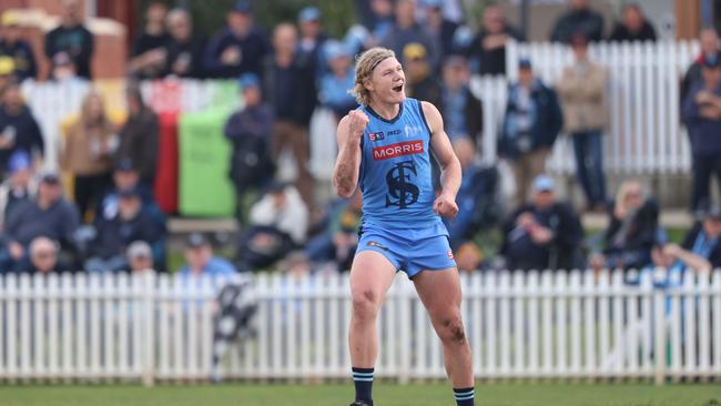 Reschke celebrates a goal for Sturt. Picture: Corey Sutton