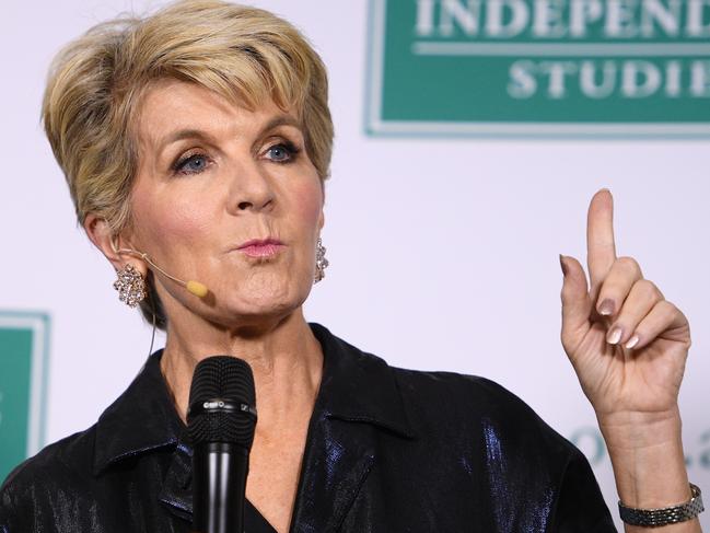 Former foreign minister Julie Bishop addresses the Quarterly Essay launch event at the Centre for Independent Studies in Sydney, Thursday, November 28, 2019. (AAP Image/Dan Himbrechts) NO ARCHIVING