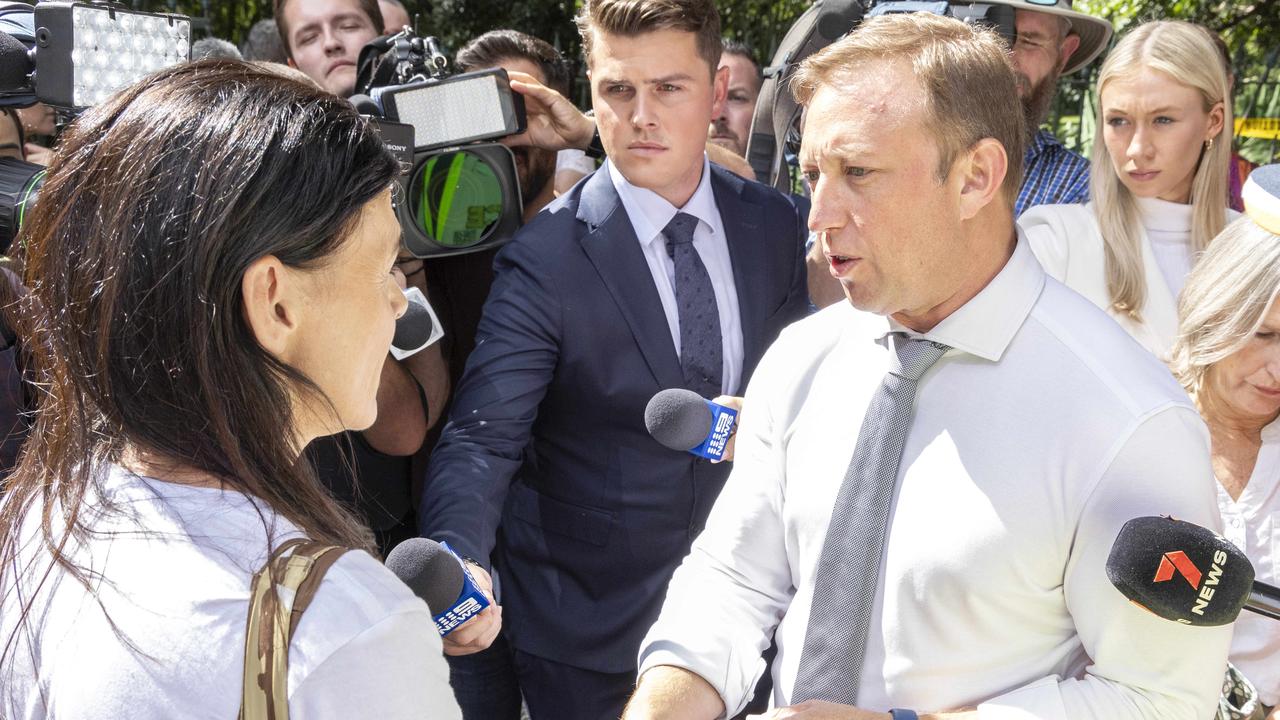 Queensland Premier Steven Miles meets Leonie Mulheran at Voice for Victims rally in Brisbane. Picture: Richard Walker