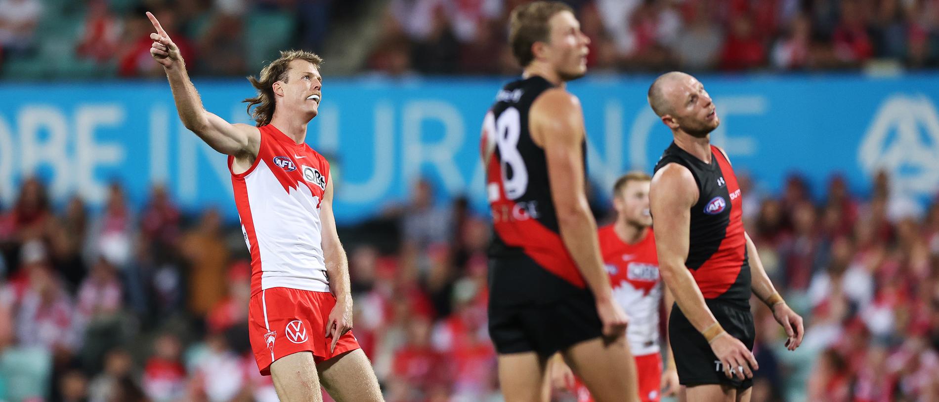 SYDNEY, AUSTRALIA - MARCH 23: Nick Blakey of the Swans celebrates kicking a goal during the round two AFL match between Sydney Swans and Essendon Bombers at SCG, on March 23, 2024, in Sydney, Australia. (Photo by Mark Metcalfe/AFL Photos/via Getty Images )
