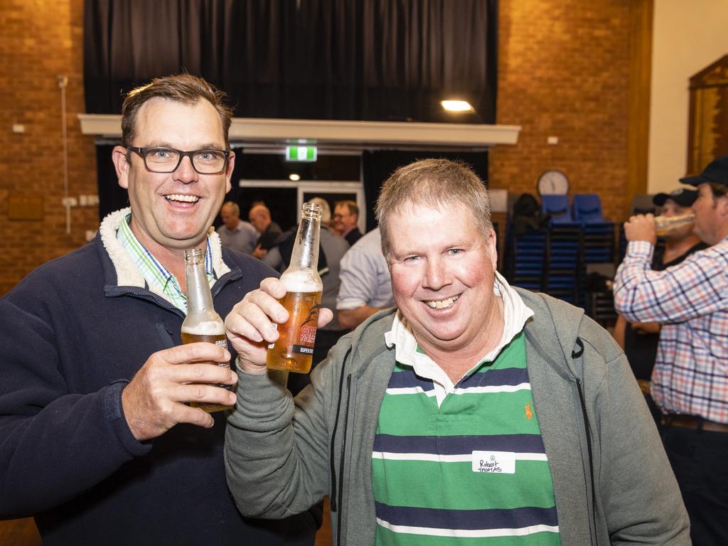 John Groves (left) and Robert Thomas at the Toowoomba Grammar School Old Boys' Association Weekend 2022 welcoming function on the eve of the O'Callaghan Cup, Friday, August 5, 2022. Picture: Kevin Farmer