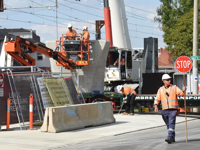 The Skyrail project is running behind schedule so workers are working from 5am-10pm and putting residents up in hotels for the inconvenience. Works at Murrumbeena and Carnegie stations continue to disrupt local residents and traffic on Murrumbeena and Koornang roads. Picture: Chris Eastman