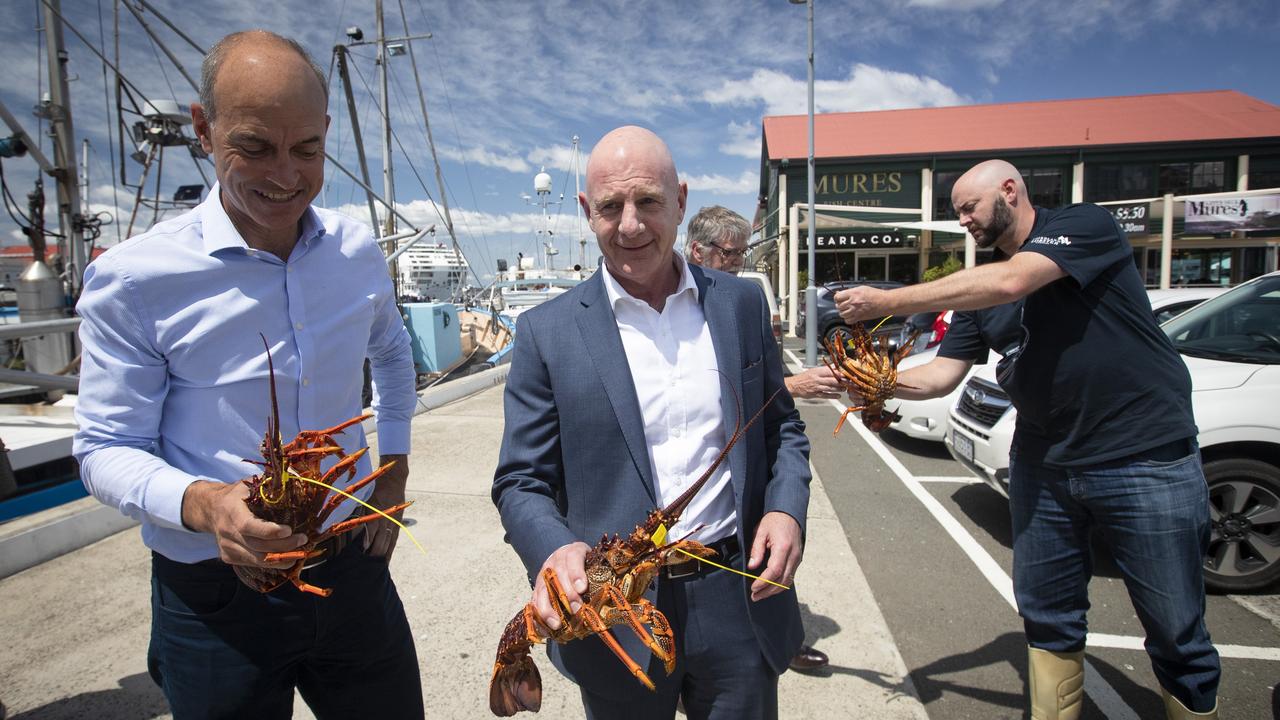 Premier Peter Gutwein speaks about the southern rock lobster industry at Victoria Dock in Hobart. Picture: LUKE BOWDEN