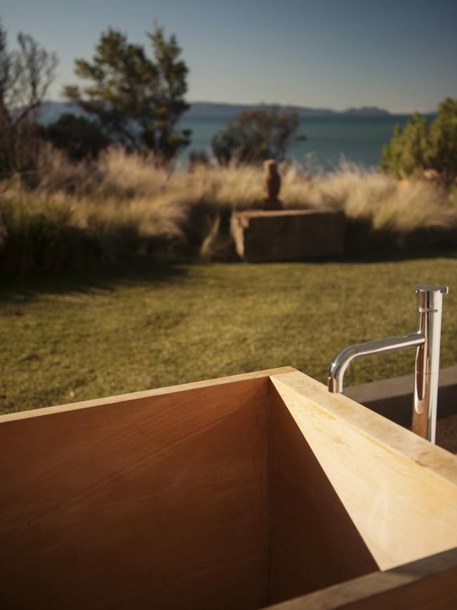 Timber tub at Avalon Coastal Retreat, Tasmania. Picture: Grant Hunt