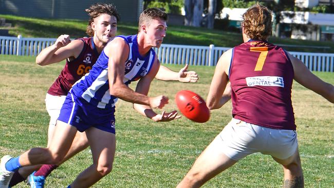 Will Tasker in action in the QAFL for Mt Gravatt against Palm Beach. He’ll be looking to continue his impressive performances at SANFL level next year. Picture: Joh Gass