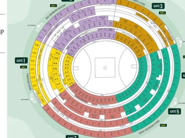 The seating map of the MCG. It is one of the latest Covid-19 exposure sites in Melbourne after a confirmed COVID-19 case attended Collingwood-Port Adelaide match. Picture: Supplied