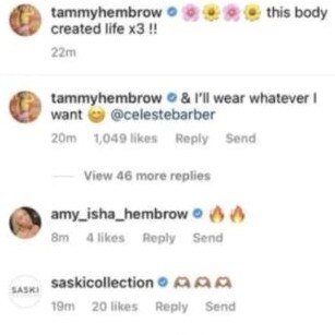 She told Celeste ‘I’ll wear whatever I want’ in the comments. Picture: Instagram/TammyHembrow