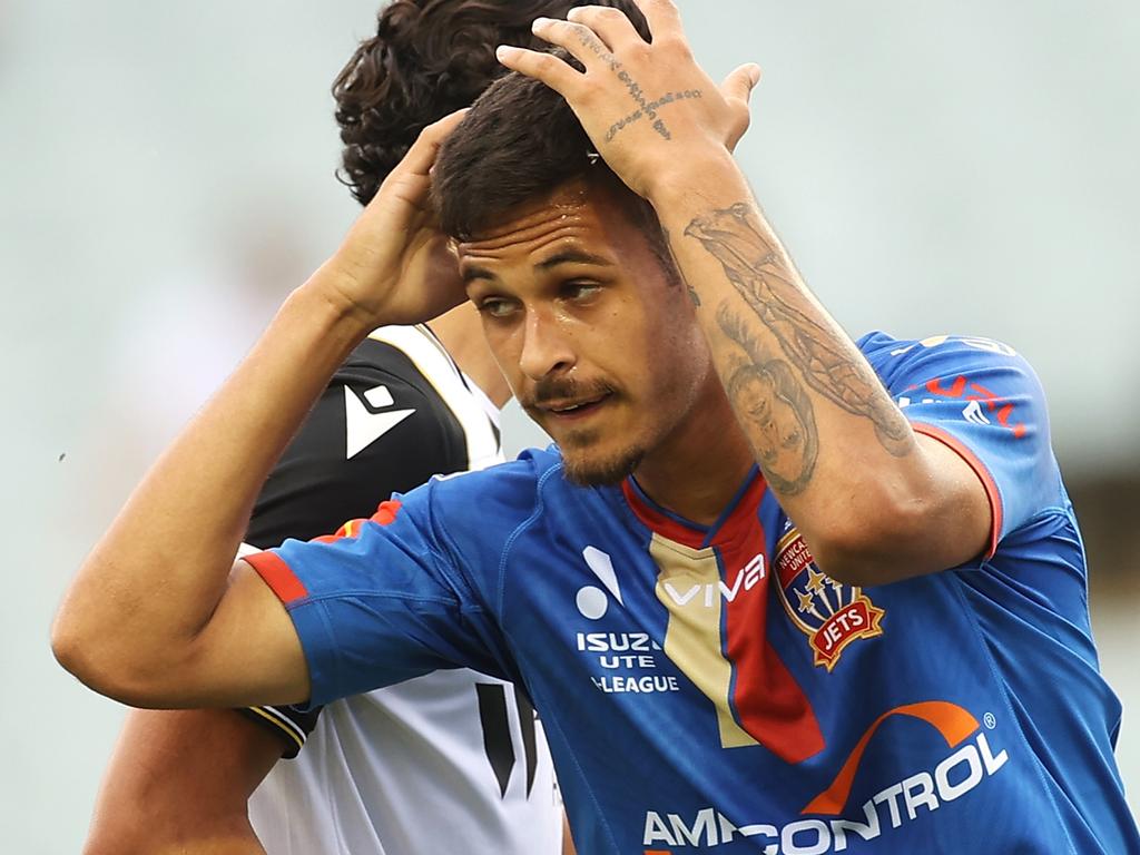 SYDNEY, AUSTRALIA - DECEMBER 19:  Riley Warland of the Jets reacts after a missed shot on goal during the A-League mens match between Macarthur FC and Newcastle Jets at Campbelltown Stadium, on December 19, 2021, in Sydney, Australia. (Photo by Mark Kolbe/Getty Images)