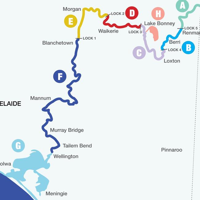 Map showing the River Murray’s eight zones for restrictions.