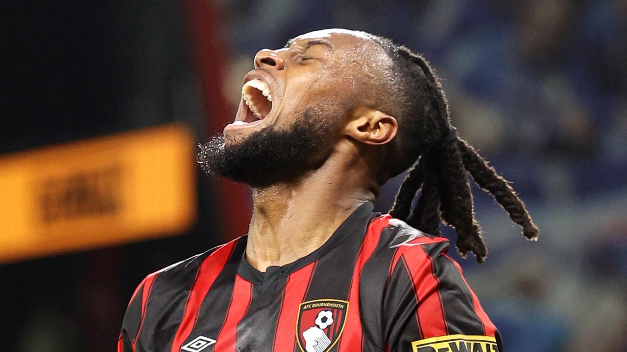 Antoine Semenyo of AFC Bournemouth celebrates scoring his team's fourth goal during the Premier League match between AFC Bournemouth and Luton Town at Vitality Stadium on March 13, 2024 in Bournemouth, England. This fixture was re-scheduled after the initial match was abandoned due to Luton Town's captain Tom Lockyer suffering a cardiac arrest after 58 minutes with the score at 1-1. (Photo by Warren Little/Getty Images)