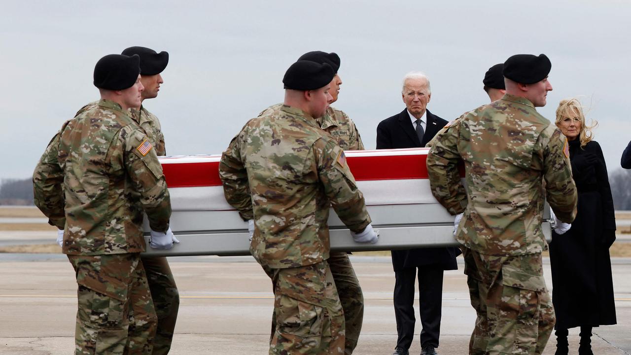 US President Joe Biden and First Lady Jill Biden paid their respects as the bodies of <b>﻿</b>three US soldiers who were killed by a drone attack in Jordan arrived back on home soil. Picture: AFP / Kevin Dietsch