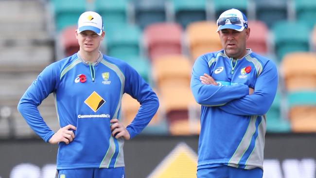 Darren Lehmann with Steve Smith ahead of the second Test against South Africa. Picture: Nikki Davis-Jones