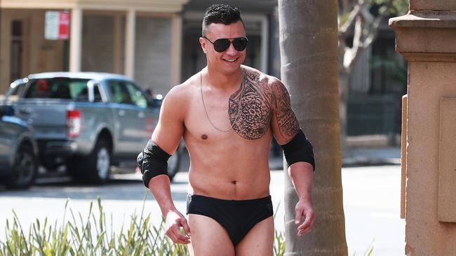 Sam Perrett arrives for Mad Monday dressed as the Rock. Pic Phil Hillyard