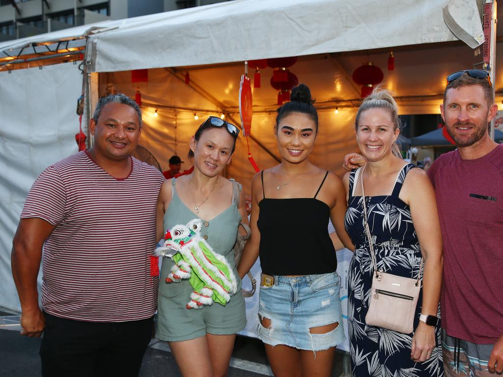 Russell Martin, Melissa Yet Foy, Mahalia Yet Foy, Carly Martin and Brad Anderson at the Cairns and District Chinese Association Inc Chinese New Year street festival on Grafton Street. PICTURE: BRENDAN RADKE