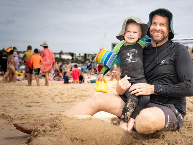 David Hannan with his son, Jacob, enjoying the beach at Bondi during this weekend’s heatwave. Picture: Tom Parrish