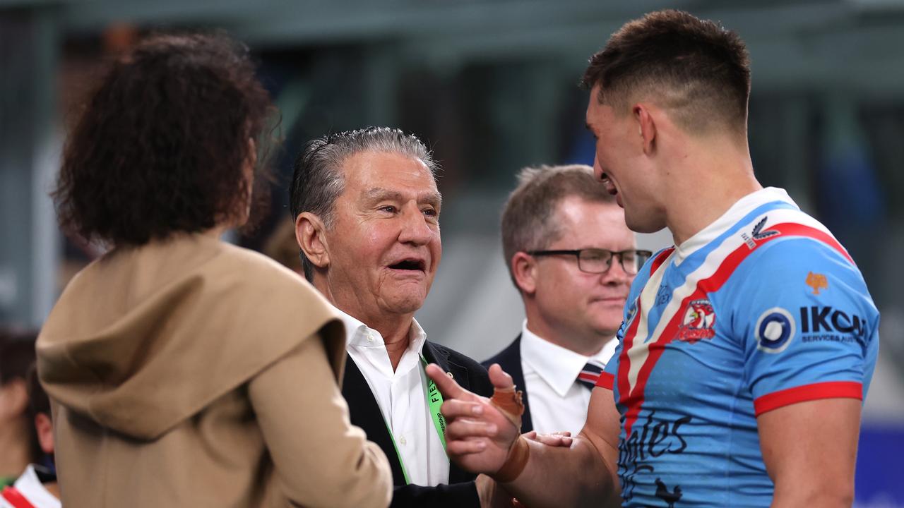 SYDNEY, AUSTRALIA - APRIL 25: Nick Politis talks to Victor Radley of the Roosters after the round eight NRL match between Sydney Roosters and St George Illawarra Dragons at Allianz Stadium on April 25, 2023 in Sydney, Australia. (Photo by Mark Kolbe/Getty Images)