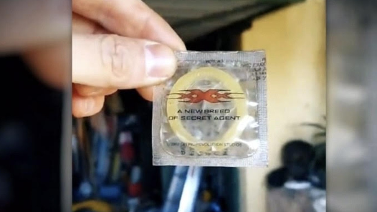 A XXX movie condom was found in a buried Syndey safe. Picture: Channel 10