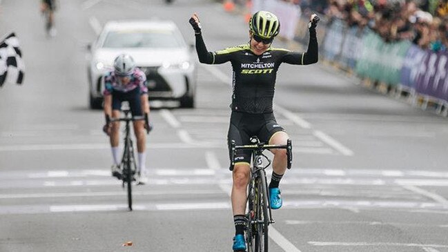 Amanda Spratt winning the Australian road cycling championships. Pic: Con Chronis.