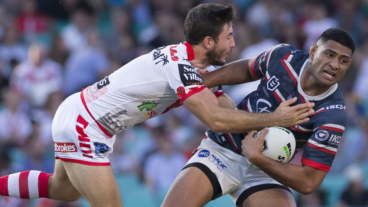 Ben Hunt of the Dragons tackles Daniel Tupou of the Roosters during the Round 7 NRL match between the Sydney Rosters and the St George Illawarra Dragons at the SCG in Sydney, Thursday, April 25, 2019. (AAP Image/Craig Golding) NO ARCHIVING, EDITORIAL USE ONLY