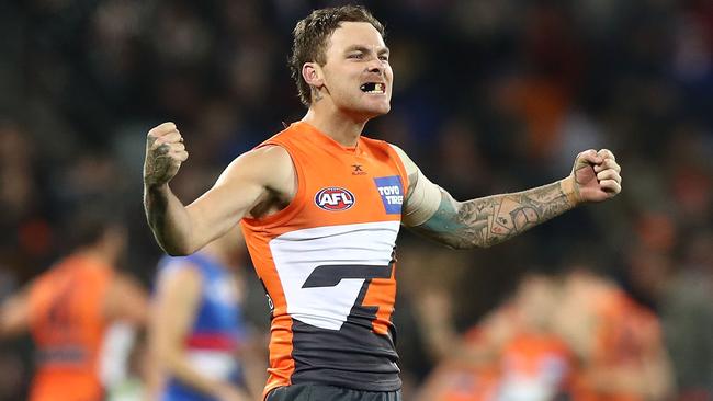 Nathan Wilson celebrates the Giants’ win on the final siren.