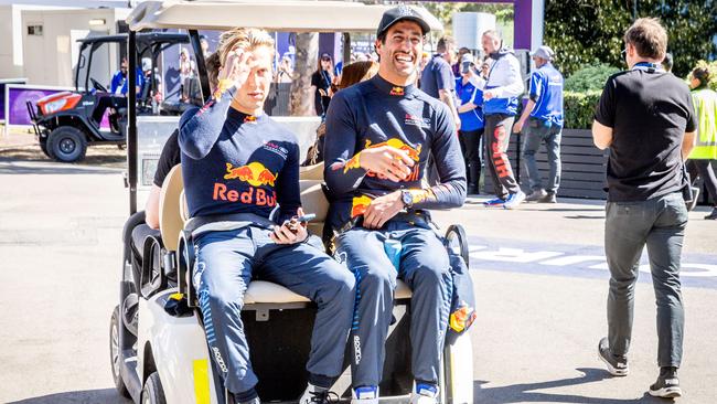 RB drivers Liam Lawson, left, and Daniel Ricciardo at Albert Park Picture: Jake Nowakowski