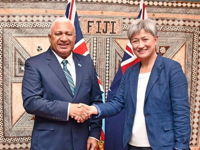 Fiji Prime Minister Frank Bainimarama says it was "wonderful" to meet with Foreign Affairs Minister Penny Wong, following her trip to the South Pacific island on May 27, 2022, to discuss Australia's commitment to the Vuvale Partnership.. Picture: Twitter