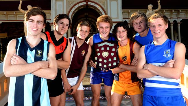 The Messenger Shield college football competition kicks off on Saturday, May 24. all six school captains from their School football teams. Luke Partington from Emmanuel College, Ben Wiblin from Rostrevor College, Bryce Woolard from Prince Alfred College, Cleve Westley from Sacred Heart College with the Messenger Shield, Patrick Quinn from St Michael's college, Joint captains James Duncan and Jake Stafford from St Peters College on the steps of Sacred Heart College at Somerton Park. Pic Campbell Brodie