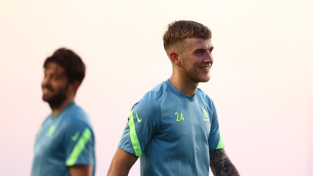 Riley McGree is all smiles at a Socceroos training session. Picture: Francois Nel/Getty Images