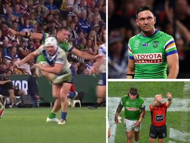 The Raiders had two sin bins early but there were questions over Jordan Rapana's late trip. Photo: Fox Sports and Getty Images