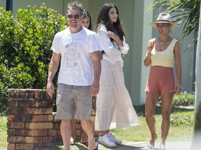 Matt Damon, wife Luciana Barroso and Elsa Pataky in Lennox Head on the NSW north coast. Picture: Media-Mode