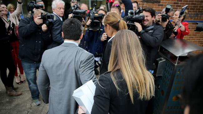 Media waiting for Ms Meares outside the court this morning. Picture: John Grainger