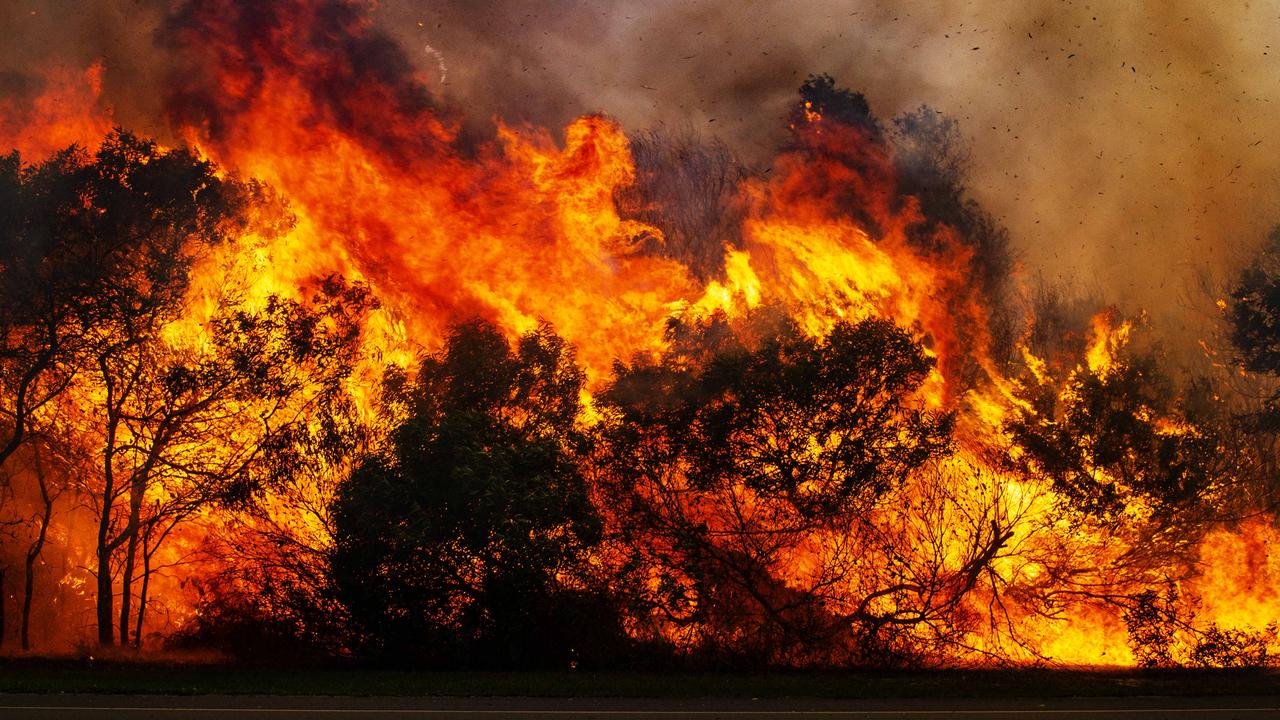 A bushfire roars just south of Peregian Beach as firefighters and water bombing helicopters were called in to fight the blaze. Photo Lachie Millard