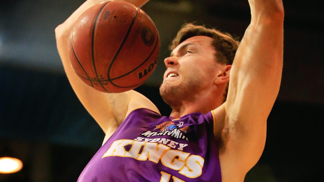 Angus Brandt of the Kings slam dunks during the Sydney Kings v Melbourne United NBL game at the Sydney Olympic Park Sports Centre, pic Mark Evans