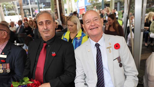 George Yilmaz and Peter Boyd at the Surfers Paradise RSL Anzac Day noon service 2025 at Cavill Park for Gold Coast at Large. Picture, Portia Large.