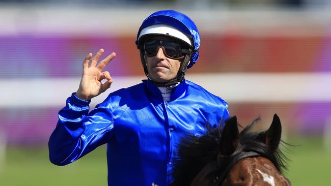 SYDNEY, AUSTRALIA - NOVEMBER 05: Hugh Bowman on Barber returns to scale after winning race 6 the Golden Gift during Sydney Racing at Rosehill Gardens on November 05, 2022 in Sydney, Australia. (Photo by Mark Evans/Getty Images)