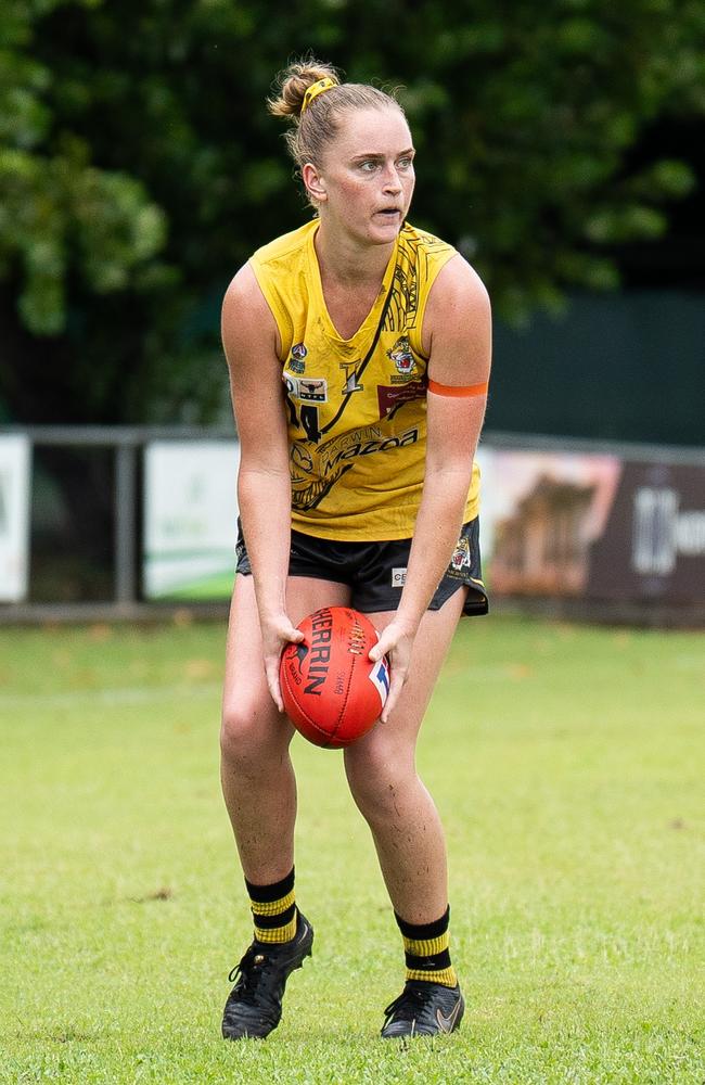 Gabrielle Deller playing for the Nightcliff Tigers in the 2024-25 NTFL season. Picture: Jack RIddiford / AFLNT Media