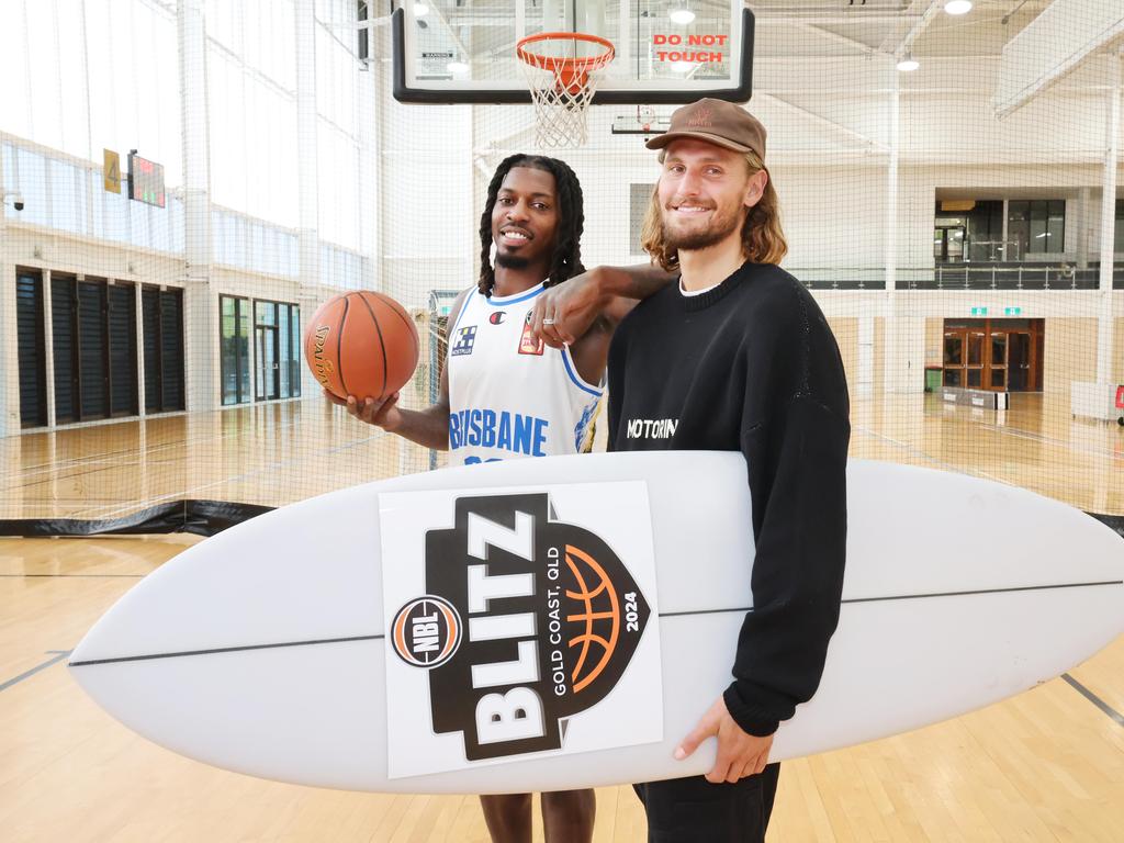 Brisbane Bullets star Casey Prather with Matt Kenyon from the South East Melbourne Phoenix at the NBL Blitz launch.. Picture Glenn Hampson