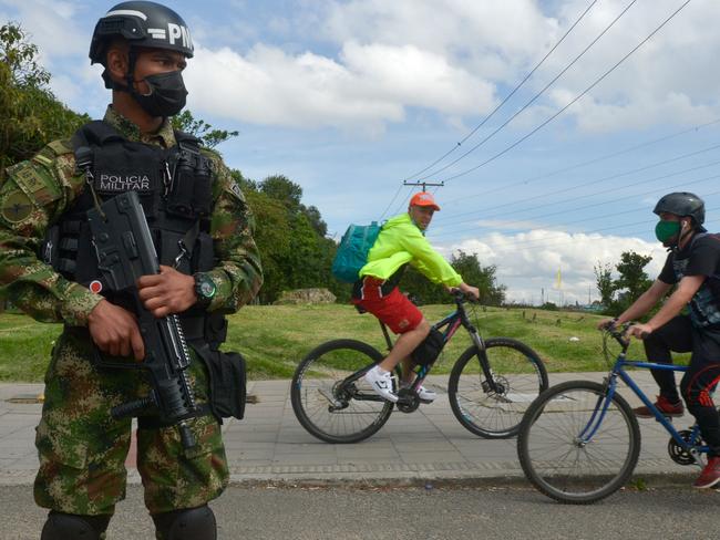 A Colombian soldier patrols the streets in Bogota after the government ordered an strict lockdown. Picture: Raul Arboleda/AFP