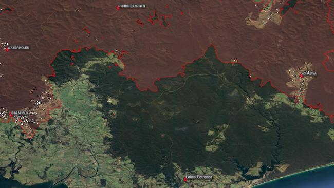 The fire damage over the Lakes Entrance area. Picture: Digital Agriculture Services