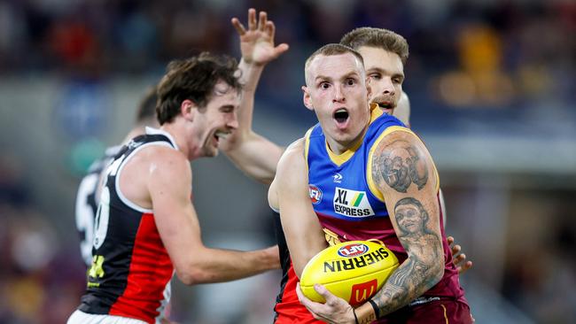 Mitch Robinson of the Lions reacts to the umpire during the 2022 AFL Round 13 match between the Brisbane Lions and the St Kilda Saints at The Gabba on June 11, 2022 in Brisbane, Australia. (Photo by Russell Freeman/AFL Photos via Getty Images)