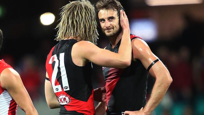 It was bleak night at the SCG for Essendon captain Dyson Heppell and his retiring predecessor Jobe Watson. Picture. Phil Hillyard