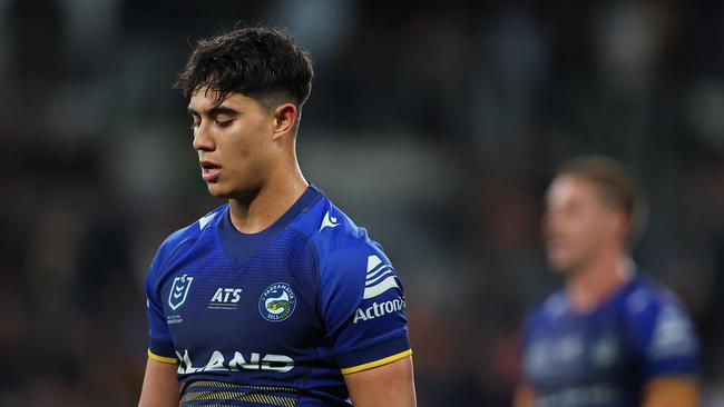 SYDNEY, AUSTRALIA - AUGUST 09: Blaize Talagi of the Eels reacts during the round 23 NRL match between Parramatta Eels and Penrith Panthers at CommBank Stadium, on August 09, 2024, in Sydney, Australia. (Photo by Jeremy Ng/Getty Images)