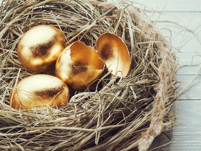 Golden eggs in the nest, one broken egg, superannuation generic