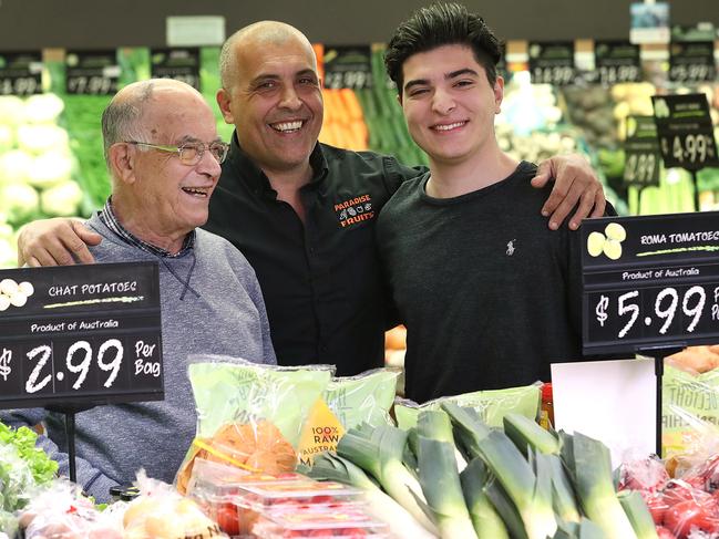 29/05/2020 : UQ student Drew Pavlou, with his proud grandfather Andrew (L), father Nick  at the families fruit and veg shop in Birkdale, Brisbane. Drew will find out whether he is to be expelled from UQ tonight.  Lyndon Mechielsen/The Australian